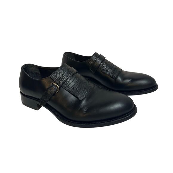 ETRO Monk Strap Glossed Black Leather Shoes size IT 44 Loafers Buckle Paisley